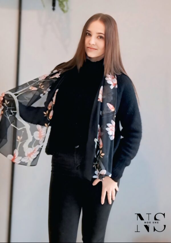 Black Magnolia Print Scarf - Image 2